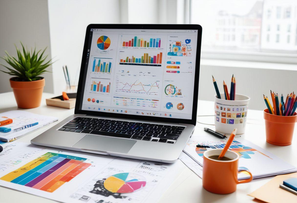 A focused individual surrounded by a colorful array of digital marketing tools like social media icons, analytics graphs, and a laptop displaying a blog. They are scribbling notes on a notepad, displaying determination and creativity. A bright, inspiring atmosphere with motivational quotes in the background. vibrant colors. super-realistic. white background.