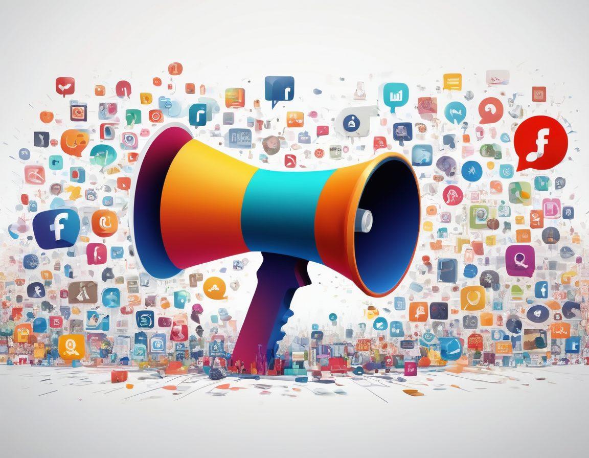 A visually striking depiction of a digital landscape featuring a huge megaphone symbolizing outreach, surrounded by vibrant social media icons (like Facebook, Twitter, and Instagram). In the background, a diverse group of enthusiastic bloggers are strategizing around a giant SEO checklist. Bright colors should be utilized to convey energy and creativity, giving the sense of collaboration and growth in the digital space. vector art. vibrant colors. white background.