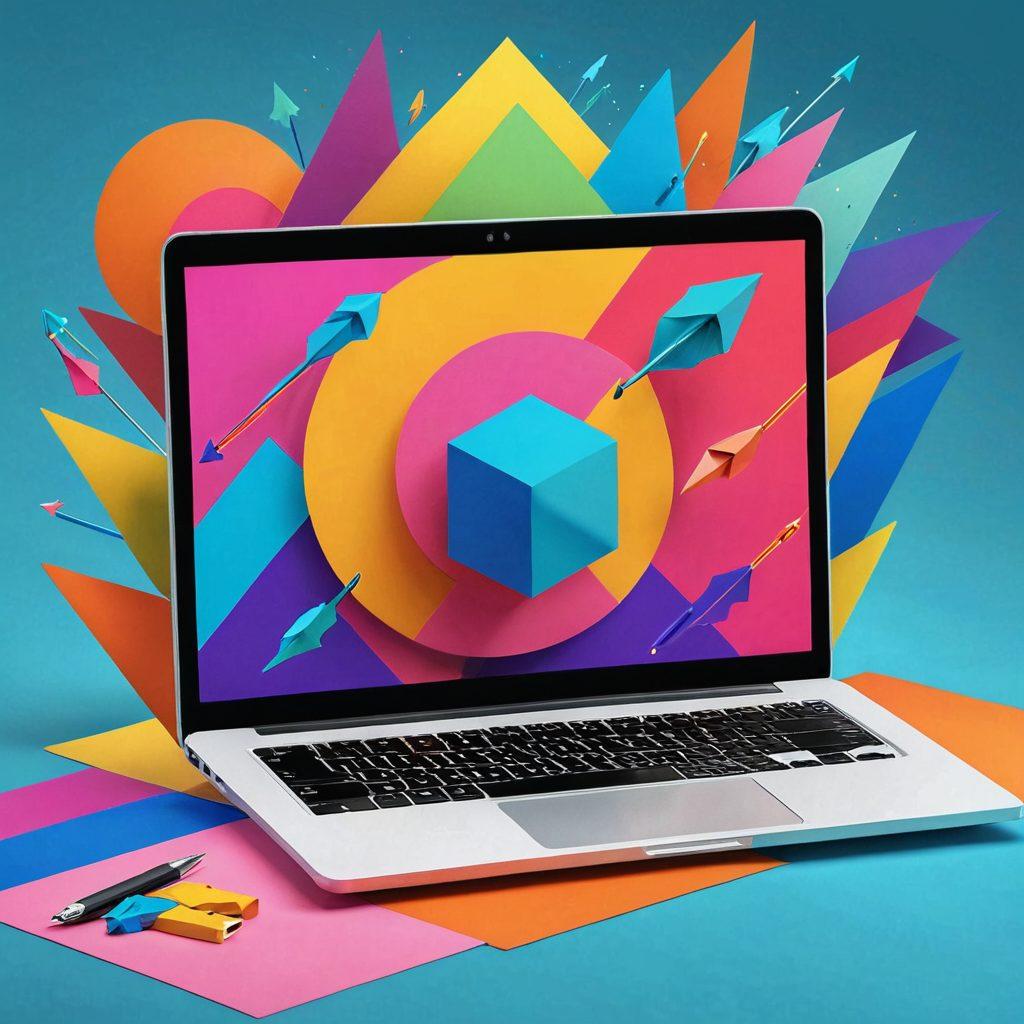 A dynamic visual showcasing a laptop with engaging blog content displayed on the screen. Around it, there are animated arrows representing clicks transforming into happy customers. Include diverse individuals enjoying reading and interacting with the content. Bright and lively colors to convey engagement and excitement. modern illustration. vibrant colors. 3D.